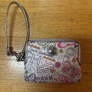 Coach Poppy Graffiti Butterfly Preppy Y2k 90s Satin Silver Small Wristlet